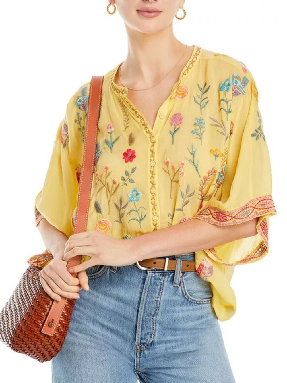 Johnny Was Embroidered Blouse Top Roylane Floral Birds Yellow Sz S